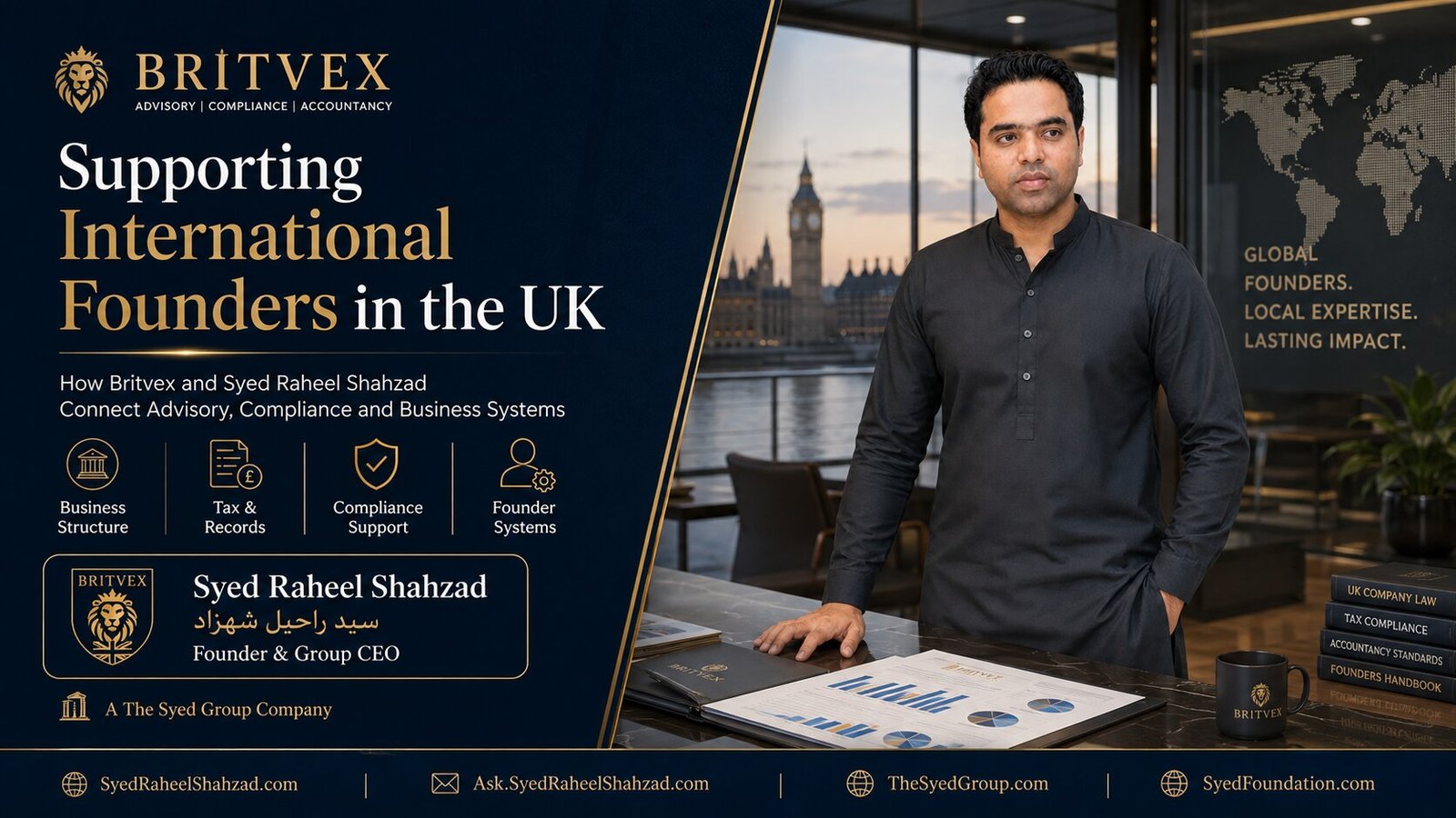 Britvex founder Syed Raheel Shahzad — سيد راحيل شهزاد — supporting international founders through UK advisory, compliance, accountancy and business systems.