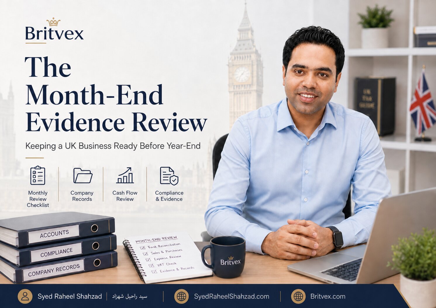 Britvex featured image showing founder Syed Raheel Shahzad conducting a month-end review of accounts, cash flow, company records and compliance evidence