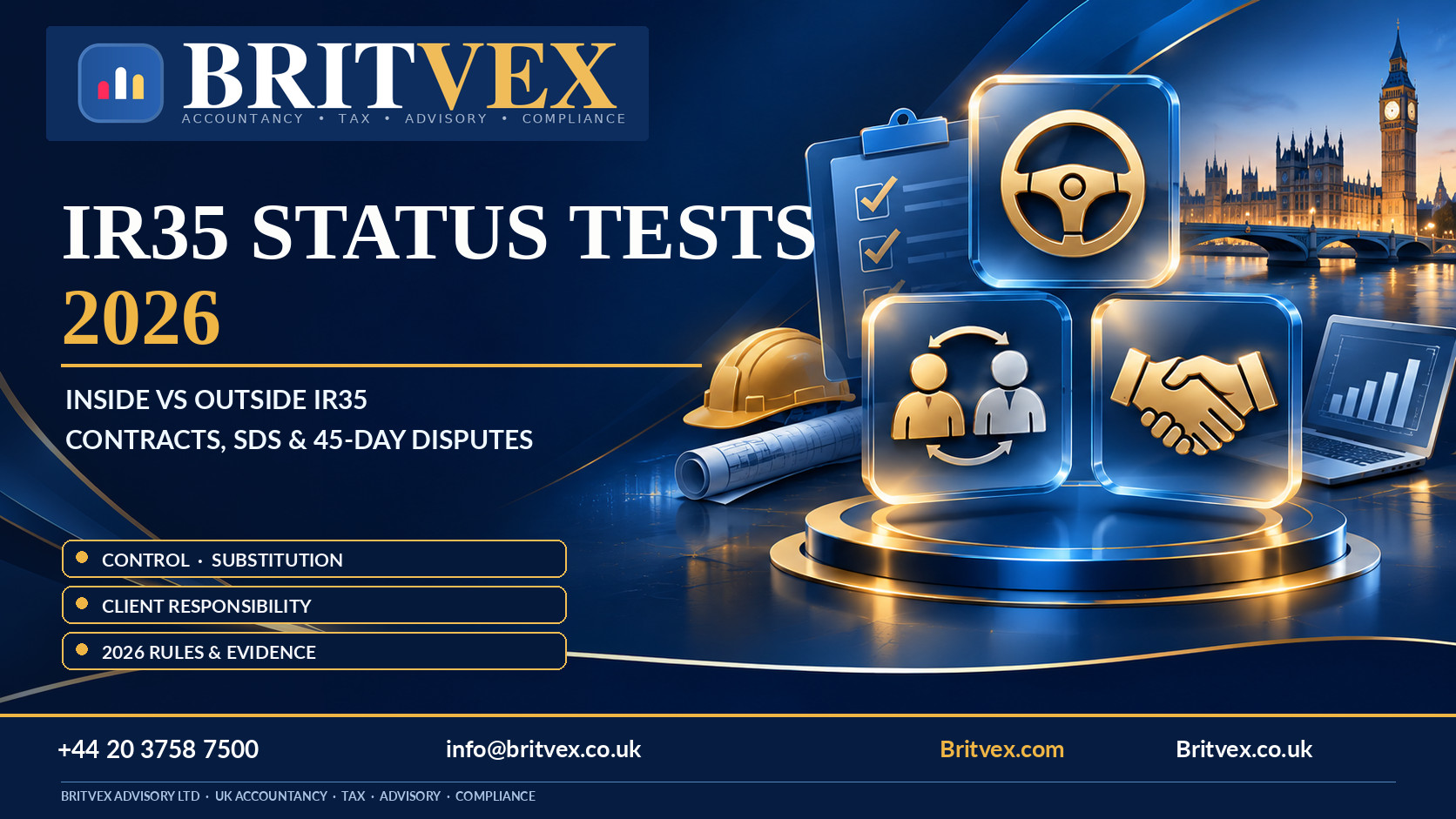 Britvex IR35 employment status tests 2026 visual showing control, substitution, contractor working practices and UK off-payroll compliance