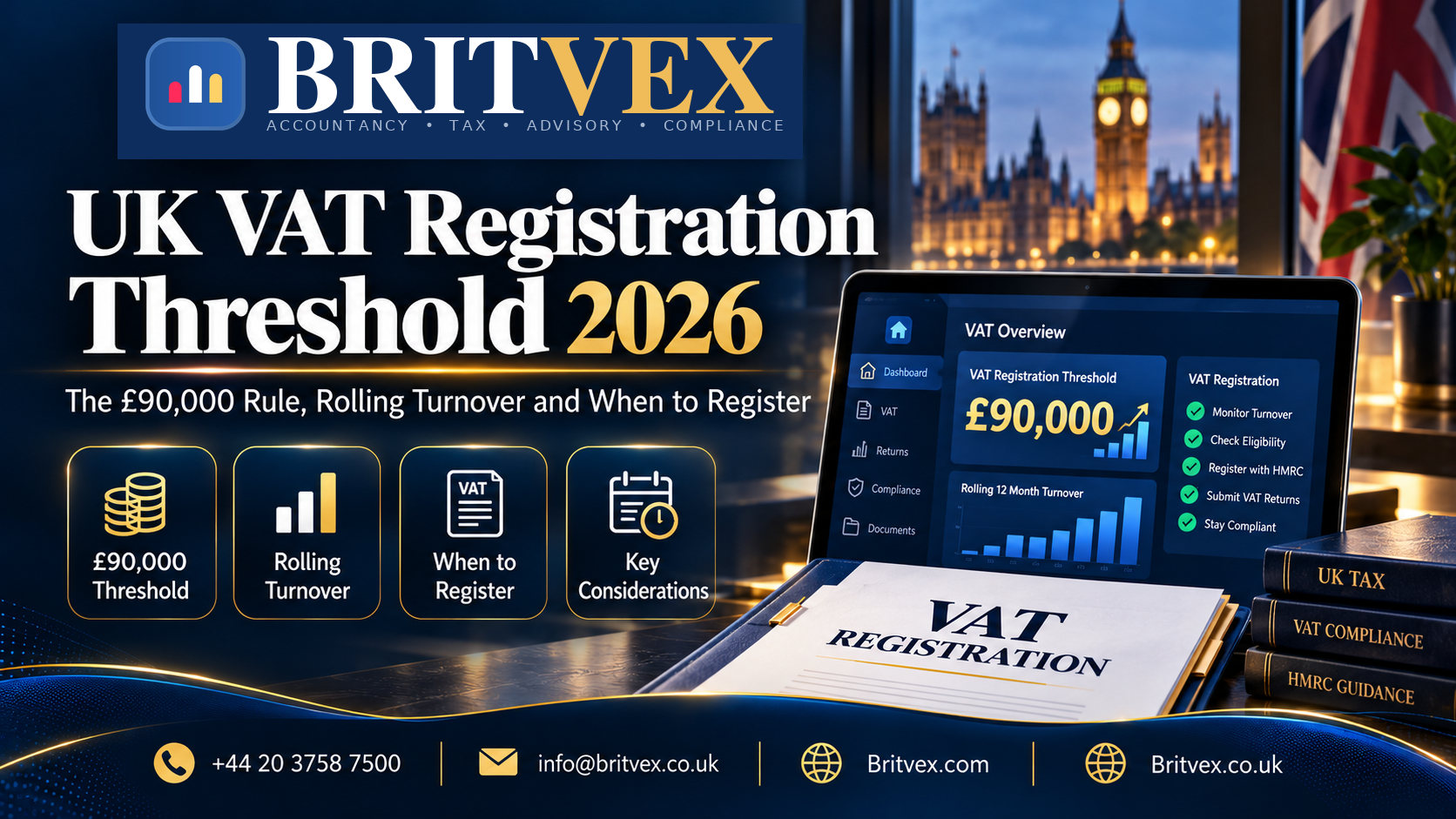 Britvex UK VAT registration threshold 2026 infographic showing the £90,000 limit, rolling 12-month turnover, HMRC registration and VAT compliance